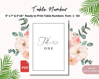 Printable table numbers, Minimalist wedding table numbers, Receptions, formal event table numbers, 5"x7" and 4"x6" modern table numbers