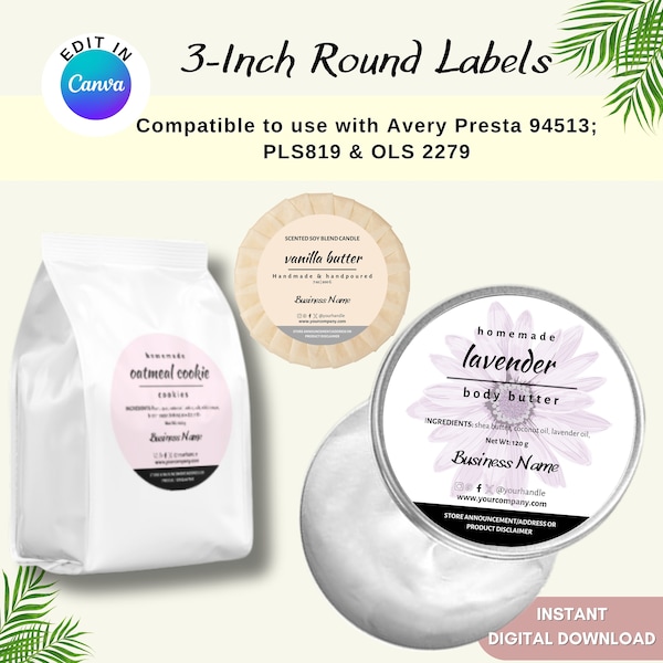 3 Inch Editable Round Label, Circle or round  product label Canva template for 8.5x11 sticker paper, Avery Presta 94513, PLS819 & OLS 2279