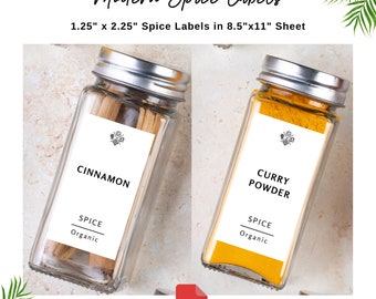 Printable spice jar labels in PDF, Modern minimalist spice labels, Print and cut 38 spice jar labels, 1.25" x 2.25" white spice labels
