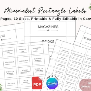 Étiquettes imprimables et modifiables pour la maison, édition sur Canva, 10 tailles d'étiquettes rectangulaires sur 10 pages, étiquettes minimalistes et pratiques, lot de modèles d'étiquettes