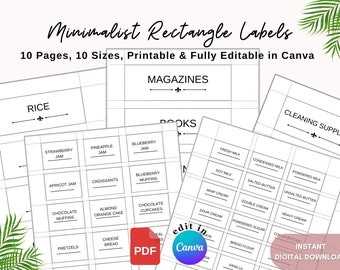 Printable and Editable Home Labels, Edit in Canva, 10 Rectangle Label Sizes in 10 Pages Minimalist & Practical Labels, Label Template Bundle