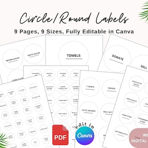 Pode incluir: Nove páginas de etiquetas circulares imprimíveis em vários tamanhos, totalmente editáveis no Canva. As etiquetas estão em branco e prontas para serem personalizadas com texto. O texto "Circle/Round Labels" e "9 Pages, 9 Sizes, Fully Editable in Canva" está no topo da página. O texto "Edit in Canva" está em um círculo azul com fundo branco. O texto "PDF" está em um retângulo branco com borda preta.