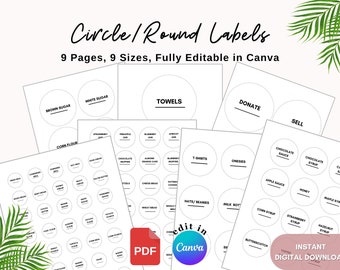 Printable and Editable Round Label Templates, Edit in Canva, 9 Round Label Sizes, 9 Page Labels, Minimalist Practical Circle Labels