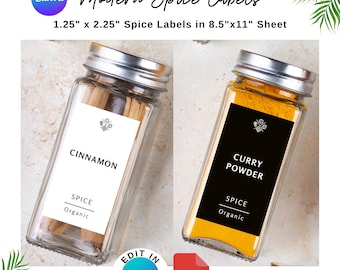 Printable and editable spice jar labels, Modern minimalist spice label, Canva Template & PDF, 38 black and 38 white label set, 1.25" x 2.25"