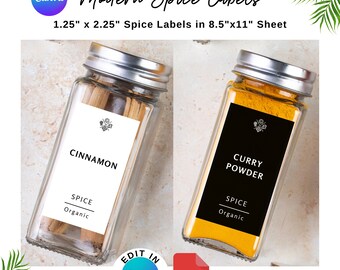 Etiquetas para tarros de especias imprimibles y editables. Etiqueta minimalista moderna para especias. Plantilla y PDF de Canva. Juego de 38 etiquetas negras y 38 blancas, 3,17 x 5,78 cm.
