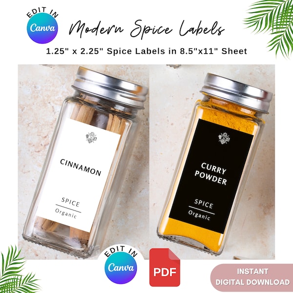 Printable and editable spice jar labels, Modern minimalist spice label, Canva Template & PDF, 38 black and 38 white label set, 1.25" x 2.25"