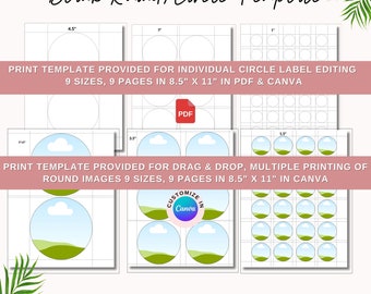 Round Labels Template Bundle in 9 sizes, Multipurpose practical circle Canva template, Printable editable and instant download 8.5x11 sheet