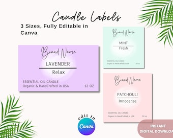 Editable Candle Labels, Pastel labels in Canva Templates, 3 sizes product packaging DIY candle labels for personal and commercial use