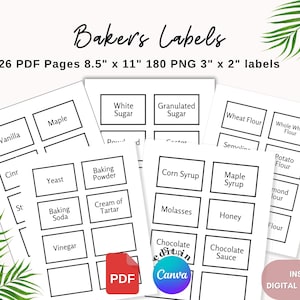 May include: A set of printable labels for baking ingredients. The labels are black and white and feature a variety of common baking ingredients, such as vanilla, maple, cinnamon, yeast, baking soda, and baking powder. The labels are designed to be printed on 8.5 x 11 inch paper and cut into 3 x 2 inch labels. There are 26 pages of labels in total, which equates to 180 labels.