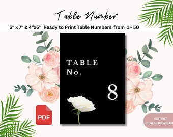 Table numbers, Black Minimalist with rose, for wedding, reception, formal event, printable 5"x7" and 4"x6" modern table numbers from 1-50