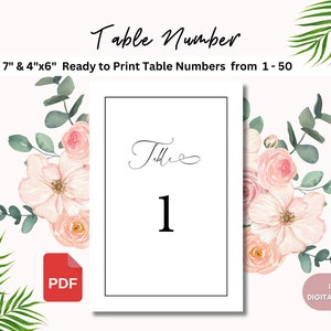 Printable table numbers, Minimalist table numbers for wedding, receptions, formal event, 5"x7" and 4"x6" modern table numbers