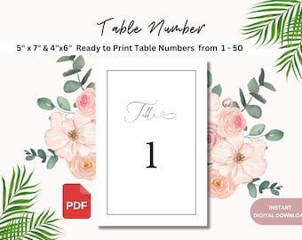 Printable table numbers, Minimalist table numbers for wedding, receptions, formal event, 5"x7" and 4"x6" modern table numbers