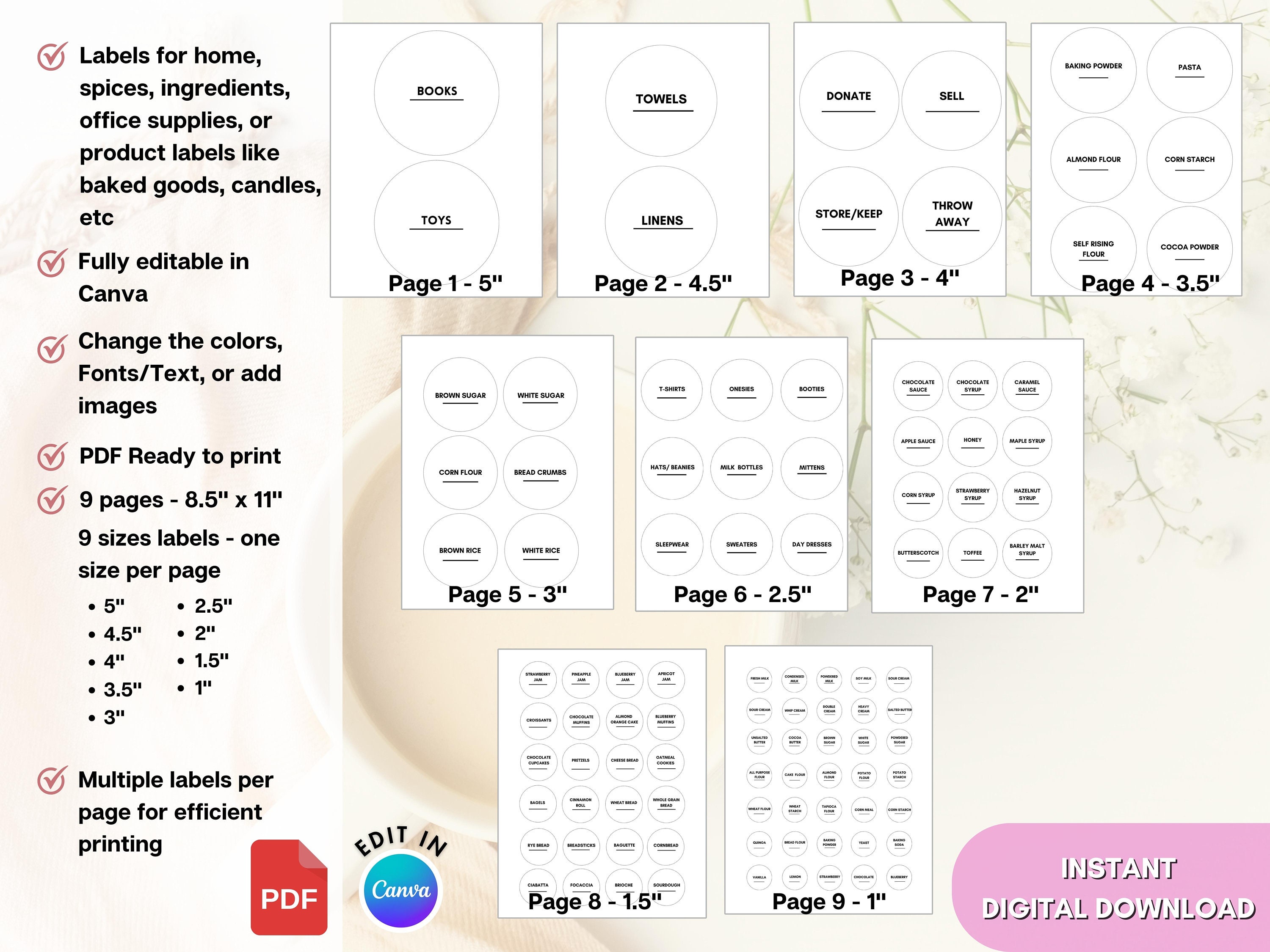 Printable Round Labels Template in 9 Sizes of Minimalist Design for ...