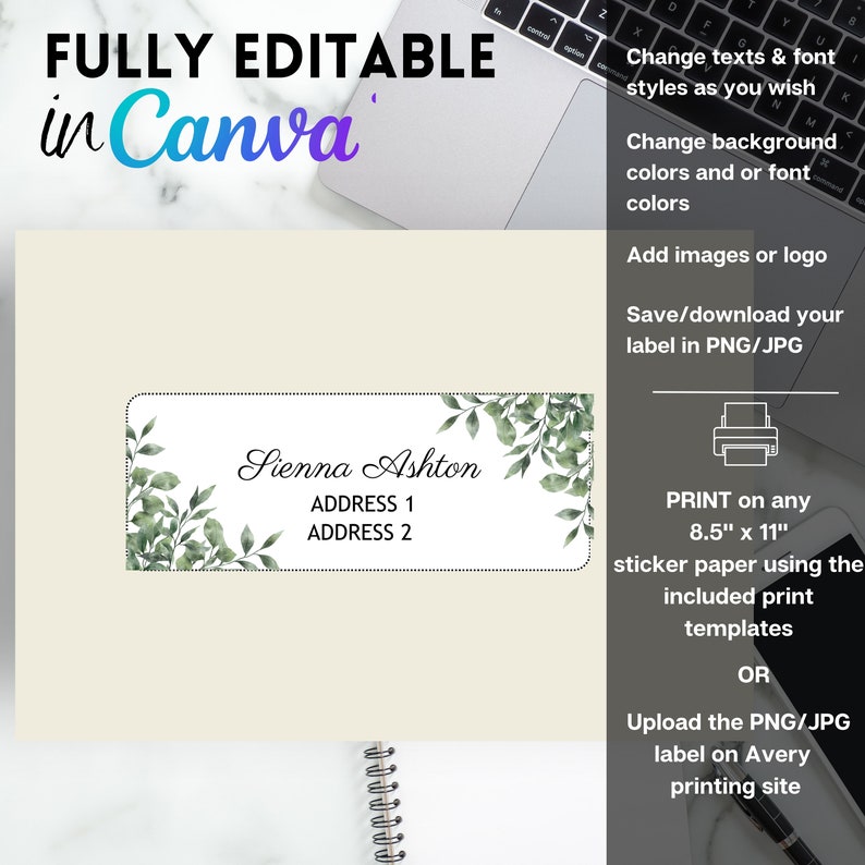 Editable Address and Return Label Canva Template, Compatible With Avery Address Labels, Modern
