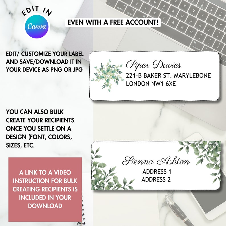 Editable Address and Return Label Canva Template, Compatible With Avery Address Labels, Modern