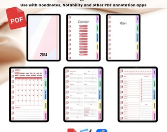 Personal digital planner, 2024 Dated monthly calendar, Daily planner and Weekly expenses inserts, Goodnotes and Notability digital journal