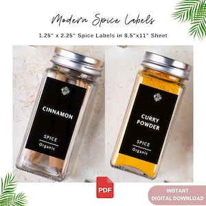 Peut inclure: Deux pots d'épices en verre avec des couvercles argentés et des étiquettes noires. L'un contient des bâtons de cannelle, l'autre de la poudre de curry. Les étiquettes indiquent "CINNAMON" et "CURRY POWDER", avec "SPICE" et "Organic" en dessous. Le texte "Modern Spice Labels" est en haut.