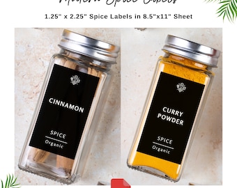 Printable spice jar labels in PDF, Modern minimalist spice labels, Print and cut, 38 spice jar labels, 1.25" x 2.25"  black spice labels