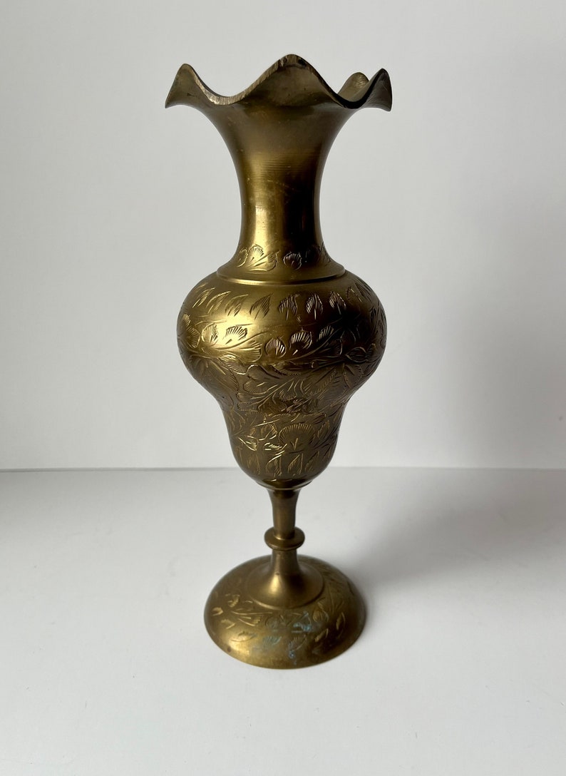 Vintage Etched Brass Vase Etsy