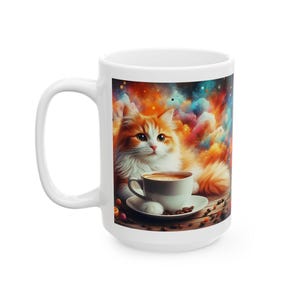 Mug Caffeine Cat édition Java Jake ; Chat duveteux orange et blanc buvant du café, tasse de 11 ou 15 oz