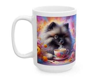 Keeshond Cozy Mug: Keeshond drinking coffee 11 or 15 oz mug