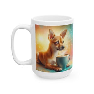 Java Jack Mug: Jack Russell Chihuahua mix drinking coffee 11 or 15 oz mug