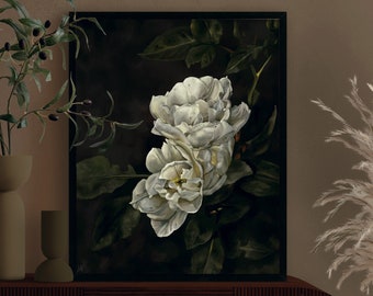 Antique White Roses Painting | Dark Academia PRINTABLE Wall Art | Moody Rustic Flower Print | Eclectic Flower | Dark Art Digital Download