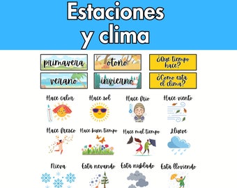 Cartazes de vocabulário espanhol do tempo, espanhol 4 estações, Hace calor, llueve, verano, invierno, 4 Estaciones, el clima, decoração de sala de aula espanhola