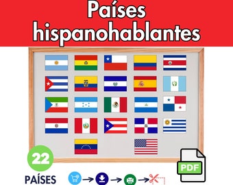 Spanish-Speaking countries with Flags, Spanish classroom decor, Banderas de países hispanohablantes, el mundo hispanohablante, Printable PDF