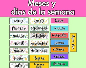 Pôster para impressão de meses e dias da semana em espanhol, decoração de sala de aula em espanhol, iniciante em espanhol, classe de espanhol, meses e dias da semana