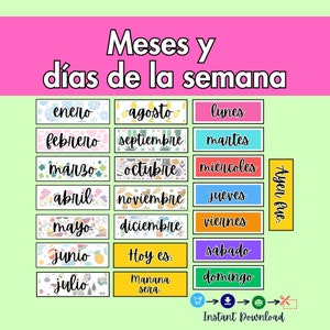 Mois et jours espagnols de la semaine Affiche imprimable, décor de classe espagnole, Débutant espagnol, Clase de Español, meses y días de la semana