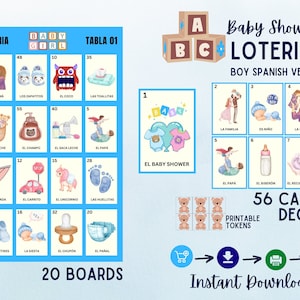 Loteria baby shower de niño, 20 non-repeated boards 56 custom calling cards, Instant Download, Gender reveal, pdf, baby boy bingo, azul pdf