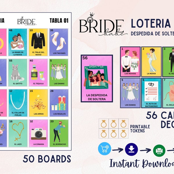 Loteria Despedida de Soltera en Español, Brautparty Bingo, Juegos para boda, 50 Tablas, mexikanische Loteria, Spanisches Bingo, PDF, digitale Datei