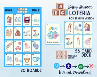Loteria chá de bebê de niño, 20 tabuleiros não repetidos 56 cartões telefônicos personalizados, download instantâneo, revelação de gênero, pdf, baby boy bingo, azul pdf