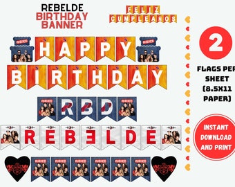 Decorações Rebelde, Banner de aniversário RBD, Banner de festa RBD, topper, arquivo digital, PDF, Fiesta Rebelde Cumpleaños, Soy rebelde RBD corbata