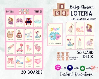 Loteria de chá de bebê, 20 quadros não repetidos com 56 cartões telefônicos personalizados, download instantâneo para impressão, revelação de gênero, loteria mexicana, pdf