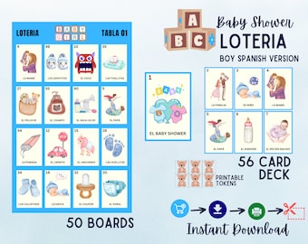 Baby Shower Loteria para niño, 50 tabuleiros exclusivos 56 cartões telefônicos personalizados, download instantâneo loteria, revelação de gênero, baby boy bingo, pdf, azul