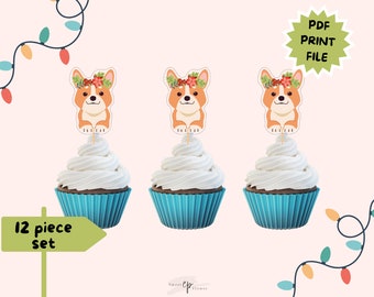 Corgi Digital Baixar Toppers de Cupcake | Download instantâneo para impressão Corgi | Toppers para cupcake Corgi | Toppers de cupcake de Natal Corgi | Instante