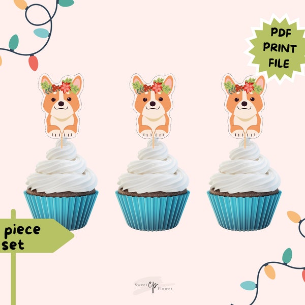 Corgi Digital Download Cupcake Toppers | Printable Instant Download Corgi| Corgi Cupcake Toppers | Corgi Christmas Cupcake Toppers | Instant