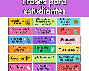 Spaanse klaszinnen poster, bronnen voor leraren, klaslokaal decor, Frases de ayudar para estudiantes en español, La clase de español, PDF