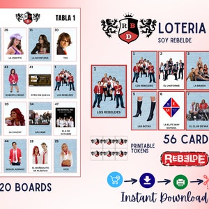 Rebelde Loteria, RBD Rebelde Bingo,  RBD Tour, 20 tablas, Mexican Loteria, Spanish bingo, PDF, digital file, soy rebelde, Fiesta de rebelde