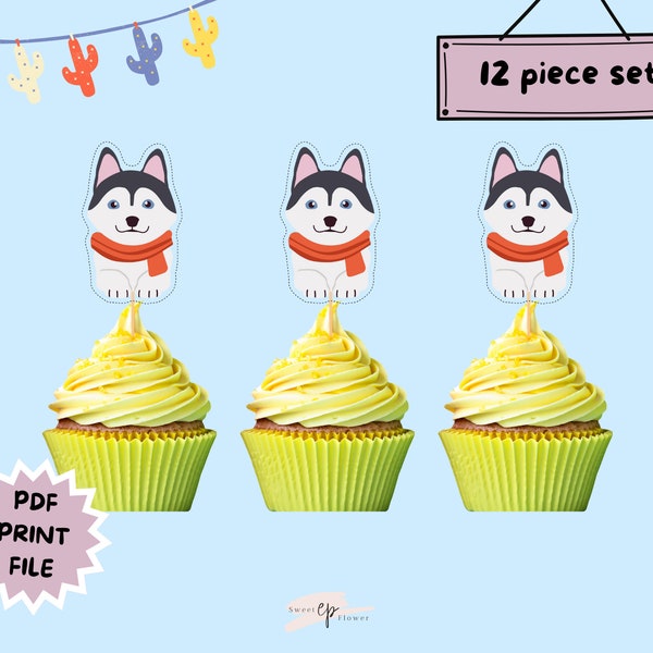 Husky Digital Download Cupcake Toppers | Printable Instant Download Husky| Husky Cupcake Toppers | Husky Christmas Cupcake Toppers | Instant
