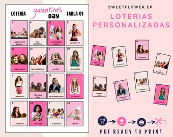 25 tablas LOTERIA DIA DE GALENTINA, loteria, bingo de amigos, suas fotos, jogo bff, bingo mexicano personalizado, pdf personalizado, digital