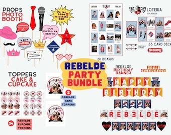 Pacote de festa Rebelde RBD, adereços fotográficos Rbd, topos de bolo/cupcake Rebelde, Rbd Loteria, banner de festa Rebelde, Soy Rebelde, Fiesta Rebelde, Mia