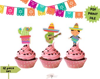 Fiesta Digital Baixar Toppers de Cupcake | Download instantâneo para impressão Festa mexicana | Coberturas para cupcake | Toppers de cupcake cinco de maio