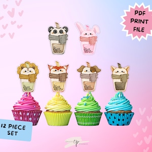 Cute animals Boba Bubble Tea Digital Download Cupcake Toppers | Printable Cupcake Toppers | Boba | Bubble Tea Birthday| Milk Tea BobaParty |