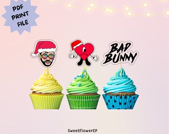 Bad Bunny Christmas Digital Baixar Cupcake Toppers | Toppers de cupcake para impressão | Coelho Mau | Aniversário do Coelho Mau | Festa do Coelho Mau | Coração