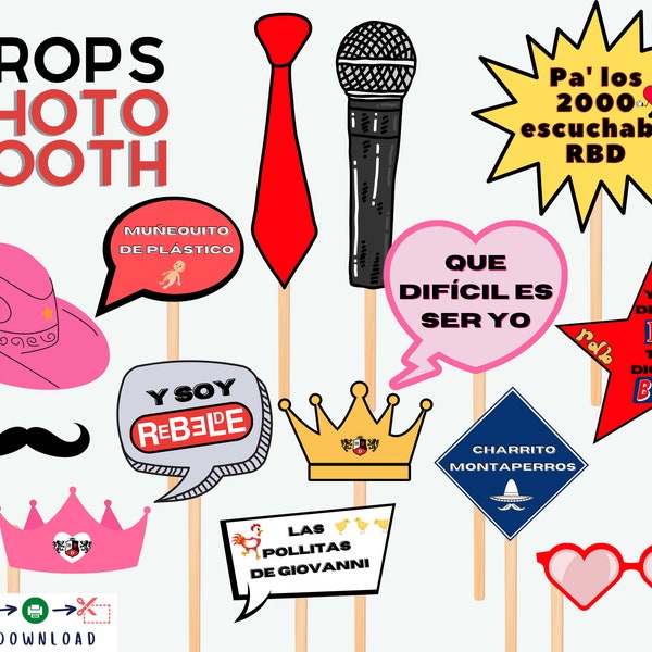 Rebelde Photo Booth Props, 14 RBD Props, Rebelde, Digital File, PD, Soy rebelde, RBD corbata, Que dificil es ser yo,soy rebelde, Fiesta rbd