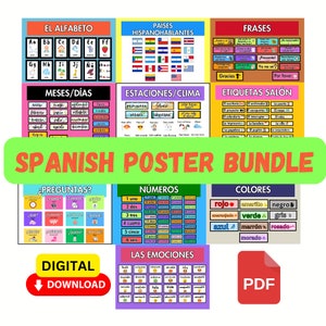 Spanish Poster Set Classroom Bundle: Alphabet, countries, months, days, colors, 4 seasons, weather, numbers, questions, colors, emotions,etc
