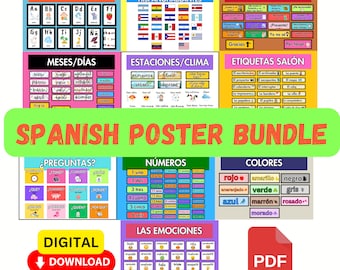 Conjunto de pôsteres em espanhol Pacote de sala de aula: alfabeto, países, meses, dias, cores, 4 estações, clima, números, perguntas, cores, emoções, etc.